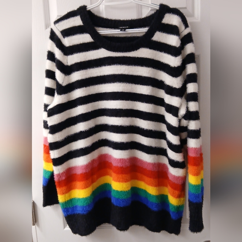 Torrid Black and White Striped Sweater with Rainbow Accents